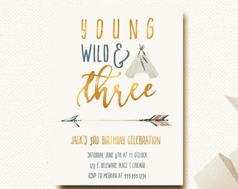 Young Wild Three Birthday Invitation | Boys Tribal Invitation | Boys Teepee Arrow Invite