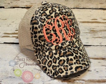 Leopard Trucker Hat, Distressed Tan Trucker Hat - Monogrammed Ball Cap, Personalized Trucker Hat
