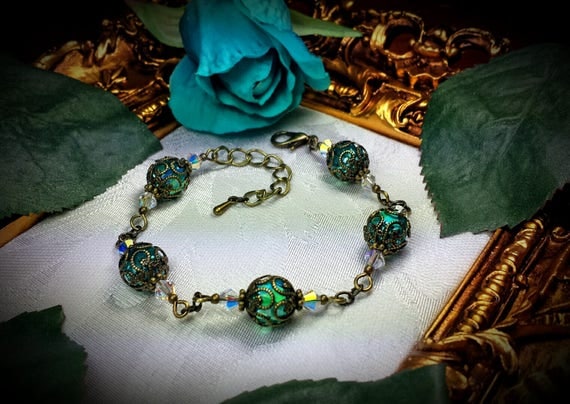Aqua Blue Green Victorian Bracelet, Turquoise Teal Cathedral Edwardian Bridal Bracelet, Antique Bronze Filigree, Titanic Temptations 17010