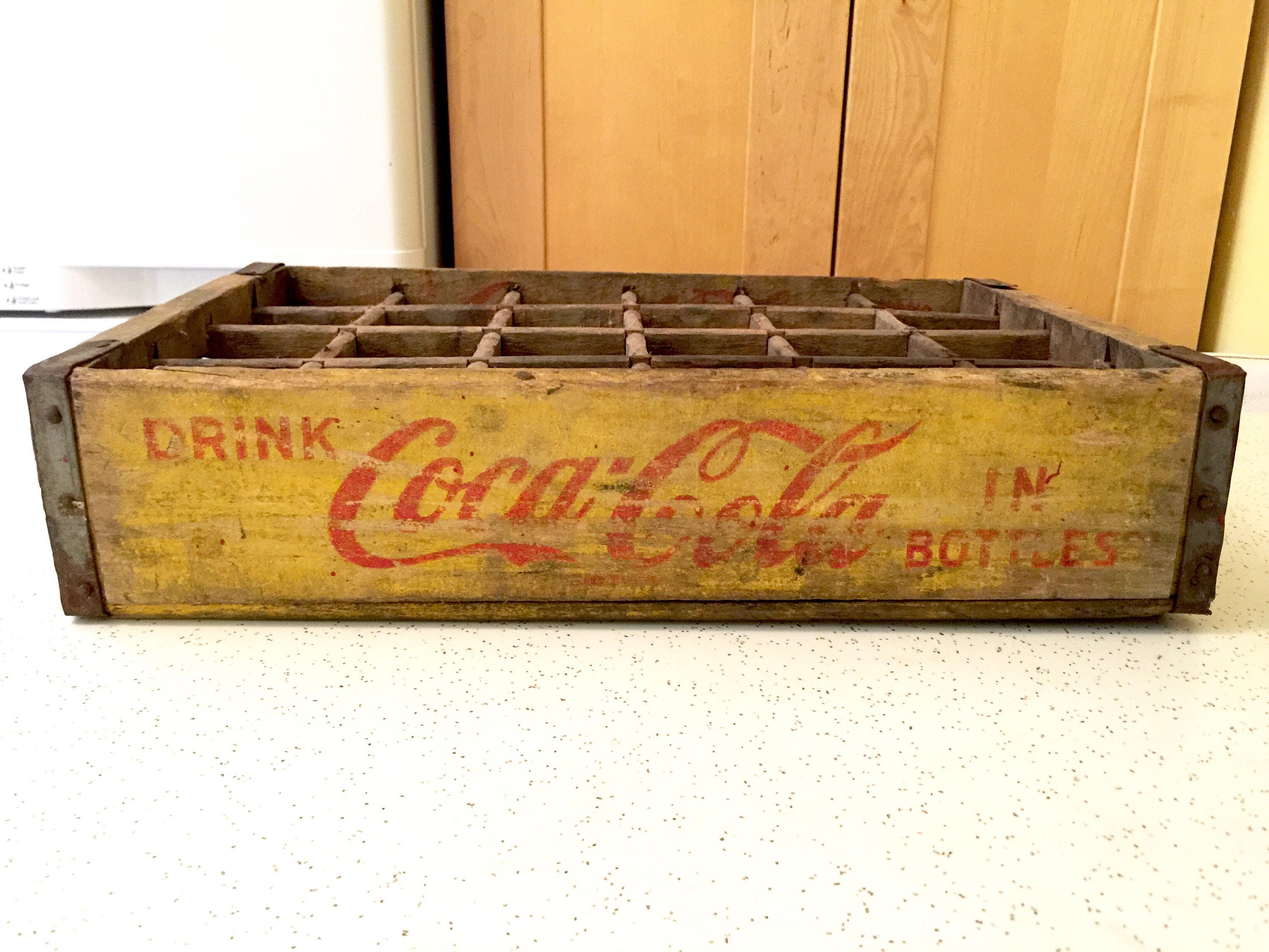 Vintage 1950s Yellow Coca Cola Crate Coke Box Wooden Soda