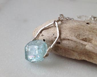 Aquamarine Sterling Silver Necklace Pendant Genuine Aquamarine Gemstone Blue Faceted Gem March Birthstone Custom length Chain Necklace