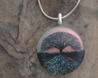 Sunset Tree of Life Necklace Dichroic Glass Tree Roots Pendant