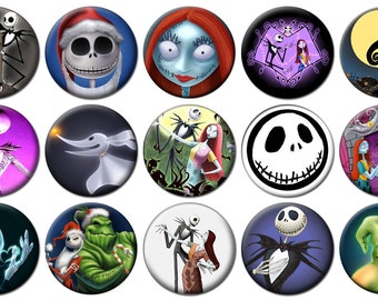 1" - NIGHTMARE BEFORE CHRISTMAS - Lot of 15 Buttons - Pin Back Button Badge