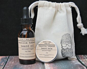 VACATION SALE Vanilla Tobacco Beard Grooming Kit, Beard Oil, Beard Balm, Gifts for Him, Vegan gifts, Natural Gifts,
