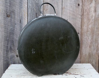 Vintage Round Black Suitcase American Tourister Luggage Hard Sided Green Lining Divided Travel Bag Overnight Makeup Toiletries Hatbox Case