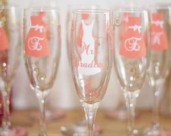 1 Bride and Bridesmaids champagne glasses, Personalized wedding flute, Maid of honor gift. Great way to ask your girls to be in your wedding