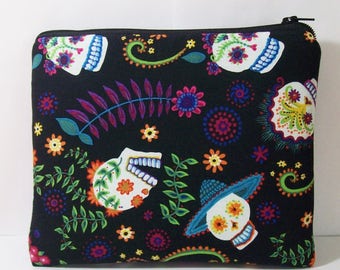Padded Pipe Pouch, Day of the Dead, Pipe Bag, XL Pipe Case, Padded Pouch, Stoner Gift, Sugar Skull Bag, Zipper Pouch, 7.5" x 6" - X LARGE