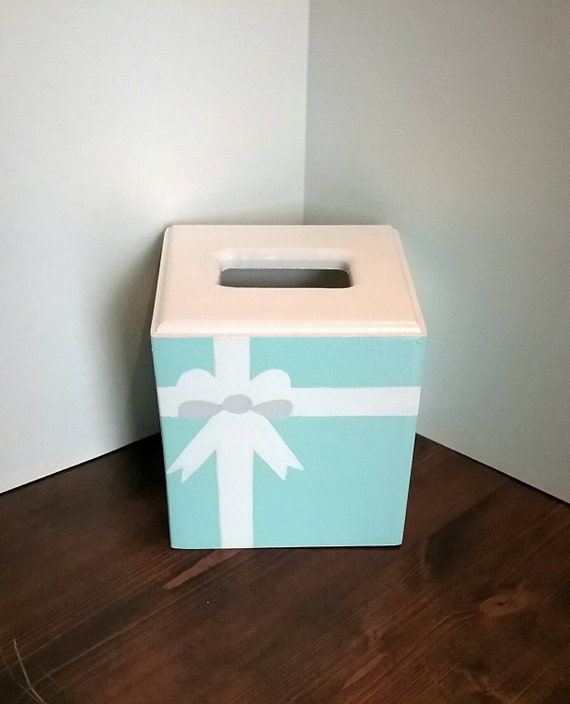 Light Blue and White Tissue Box Cover White Bow Tissue Holder