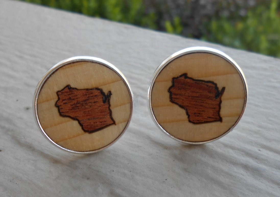 Wood Inlay WISCONSIN State Cufflinks. Laser Engraved. Wedding
