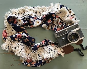 Navy blue floral boho style camera strap