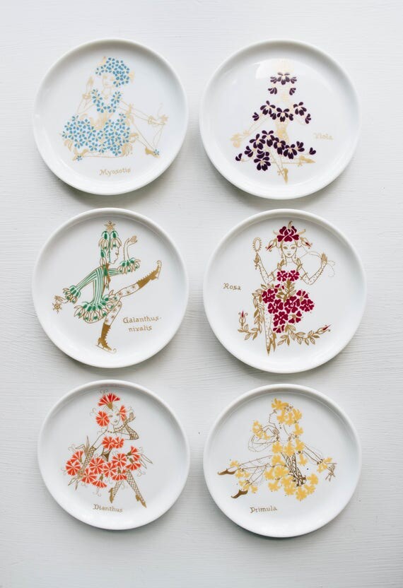 Mid Century Botanical Plate Set // Furstenburg // Bohemian Home Decor // Ballet // Flowers // Portrait Art