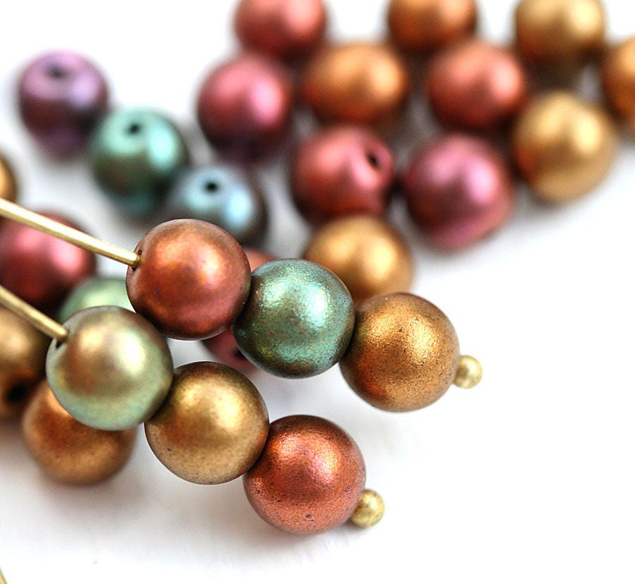 6mm Round Metallic Beads Mix Czech Glass Matte Gold Purple Copper