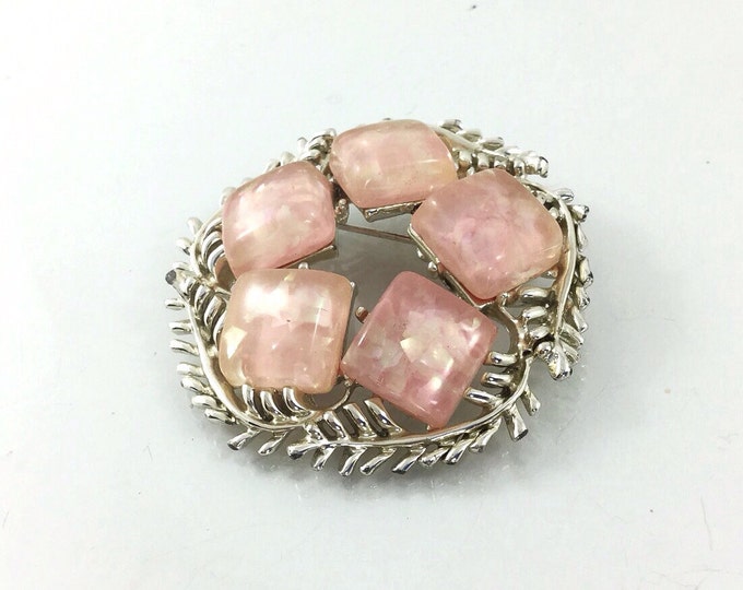 Sparkly Vintage Coro Pink Thermoset Brooch, Irredescent light pink cabochons, flower shape, signed jewelry. Twig form.