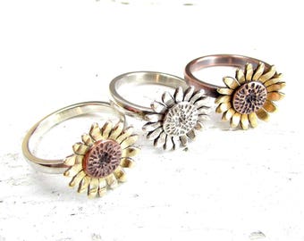 Sunflower Ring, Flower Ring, Mixed Metal, Boho Ring, Sterling Silver, Copper Ring with Brass