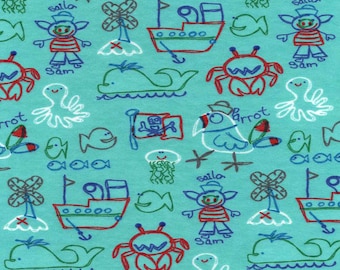 Cotton Flannel Fabric, Sailor and Friends - By the Yard - colorful, sea, ocean, crab, whale, water, green, blue, baby, Pattern, Soft, animal