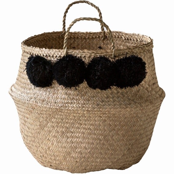 Large black pom pom basket seagrass basket nusery toy