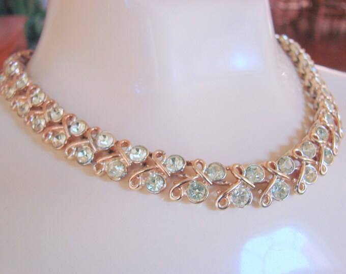 Classic Vintage Coro Citrine Rhinestone Choker Necklace Designer Signed Mid Century 1950s-1960s Jewelry Jewellery