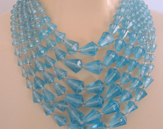 Vintage Sky Blue Lucite Faux Crystal Bead Bib Necklace / Multi Strand / Jewelry / Jewellery