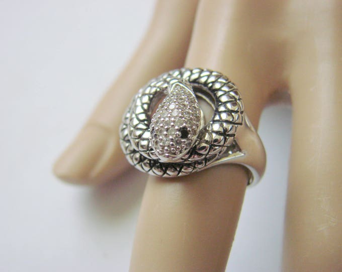 Vintage Boho Cubic Zirconia Coiled Snake Ring / Textured Silver Finish / Size 7 / Jewelry / Jewellery