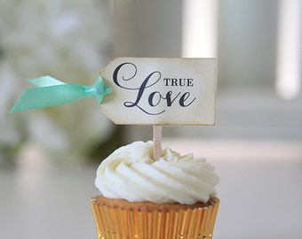 True Love, Wedding Cupcake toppers, Tag shape, Satin ribbon, vintage, decoration