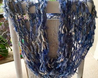 NEW Beautiful Hand Knit Cowl in Blues made of Raw Handspun Hand Dyed Wool Yarn