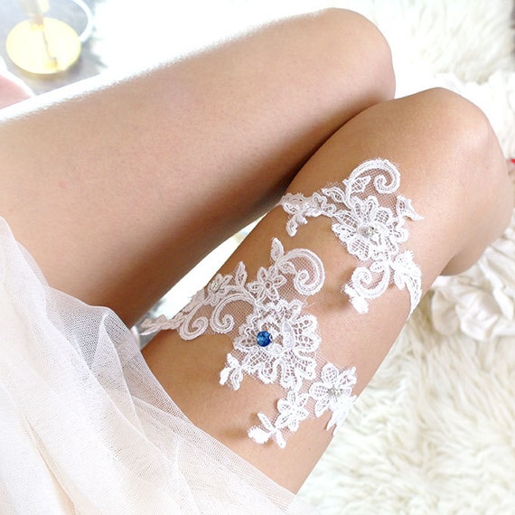 Something Blue Rhinestone White Lace Applique Wedding Garter Set, Luxury Bridal Garter Belt Honeymoon Keepsake Toss Sexy by ChihiroBridal steampunk buy now online