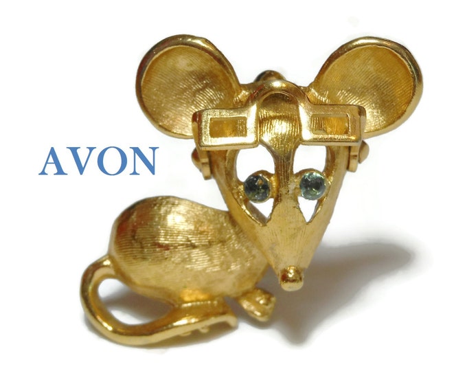 FREE SHIPPING Avon mouse brooch, gold with blue rhinestone eye, moveable articulated glasses, glasses move up and down, scatter pin