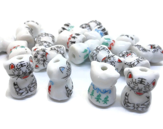 Porcelain leopard bead, 20 piece lot, black and white, snow leopard drop, big cat, ceramic small beads, Kawaii leopard beads