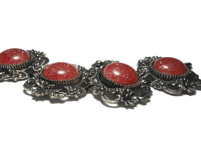 FREE SHIPPING Selro style bracelet, redish orange colored confetti lucite cabochons in ornate antiqued silver floral decorated frames