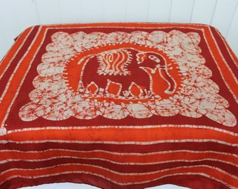 Vintage Batik Silk Scarf Red Elephant Motif