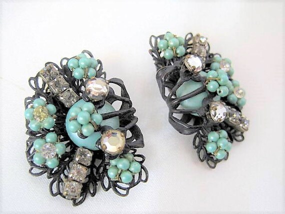 Aqua Bead Earrings - Clear Rhinestones - Black Japanned Setting- Clip Ons