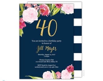 40th Birthday Invitation - Adult Birthday Invitation - Navy & Gold birthday invitation - Pink Floral Invitation - Invite - Watercolor flower