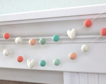 Coral Aqua Felt Ball Garland- Felt Hearts & Balls- Pom Pom- Nursery- Holiday- Wedding- Party- Childrens Room