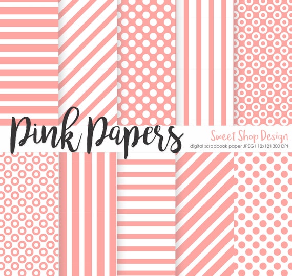Pink Digital Paper, Printable Scrapbook Paper Pack, 12x12, Pink, Stripes, Dots, Set of 10 Papers Il_570xn