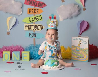 Oh The Places You'll go First Birthday Bow Tie and Suspender Bodysuit Cake Smash, Personalized, 1st Birthday