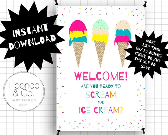 Printable ice cream party welcome sign INSTANT DOWNLOAD