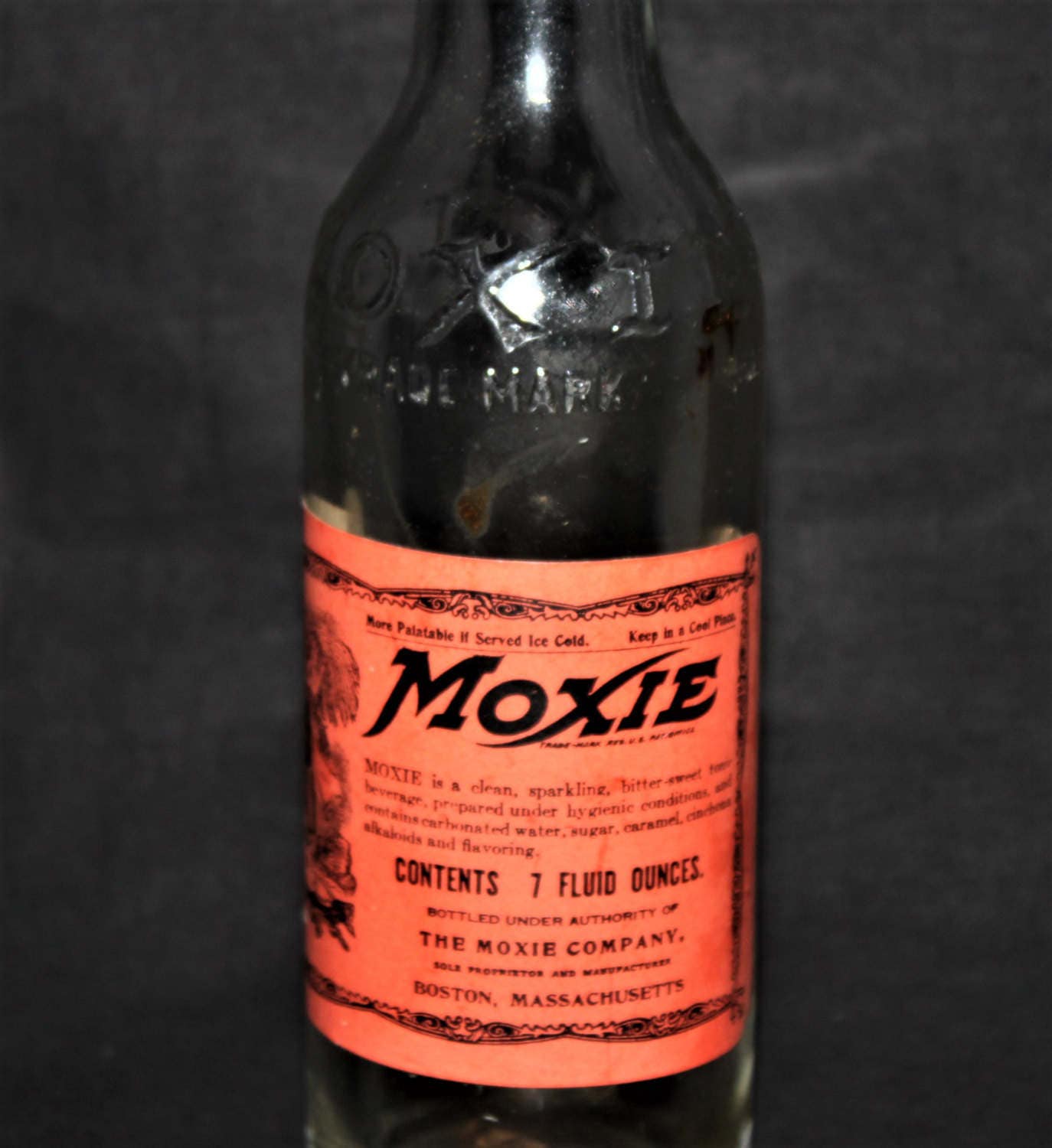 Antique 1930s Moxie Soda Bottle, Moxie Cola 7oz Bottle with Original Label