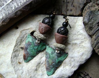 natural coral earrings with artisan ceramic and carved wood beads with verdigris patinated shields, assemblage earrings, Anvil Artifacts