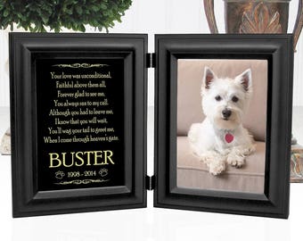 Dog Memorial Frame - Double Picture Frame 5x7 Photos - Choice Of 12 Pet Loss Poems - Personalized With Name - Metal Plaque Shines Like Gold