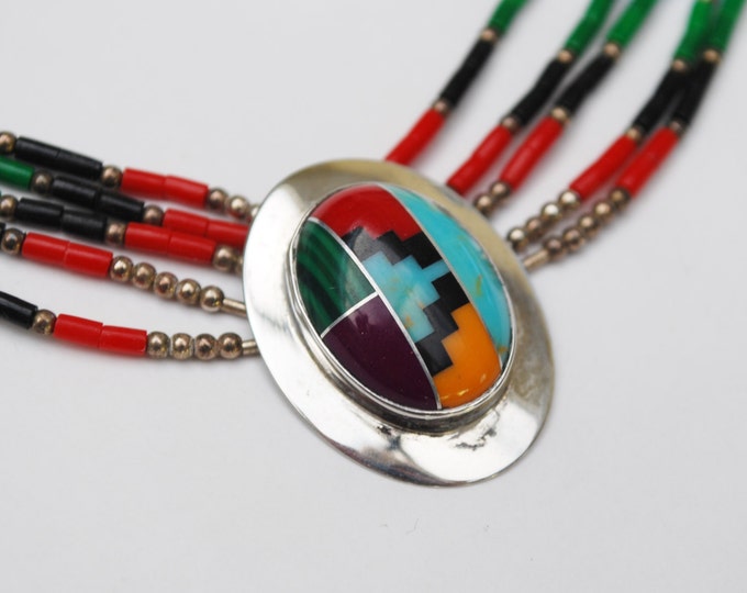 Sterling Inlay pendant Necklace - Southwestern - multi strand- blue black red and green bead