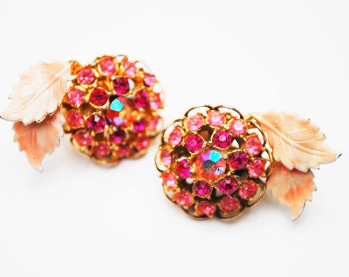 Pink Rhinestone Earrings - Enamel leaf - Flower floral -Mid Century - clip on -Aurora Borealis