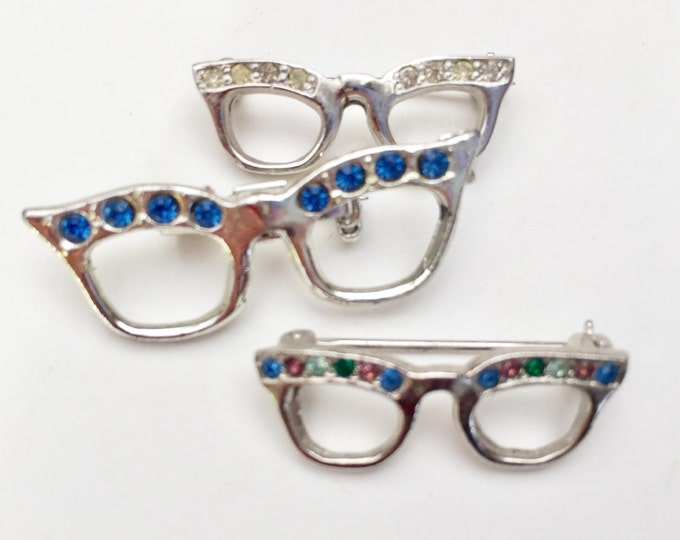 Eye Glass Scatter pins - lot of brooches - Silver frame - Rhinestones - Figurine eye glasses - Eyeglass pin