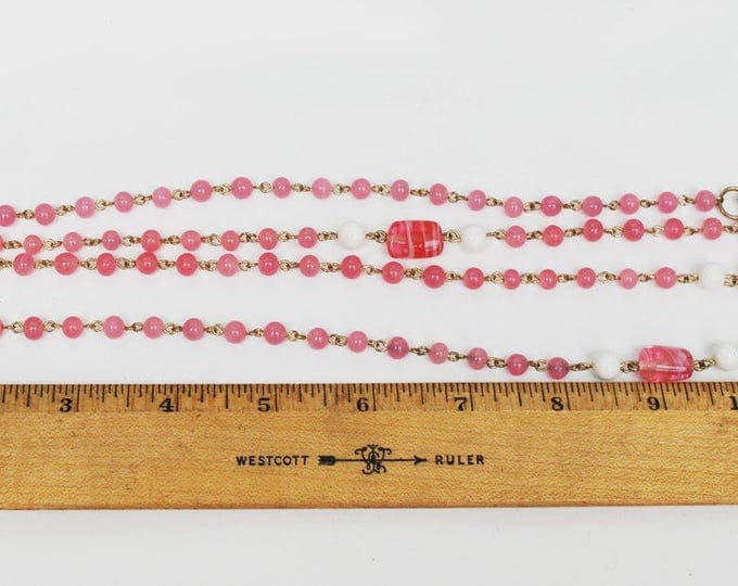 Coro Long Bead Necklace - Pink art glass beads - White milk glass - Signed - Mod century Vintage - 60 inches