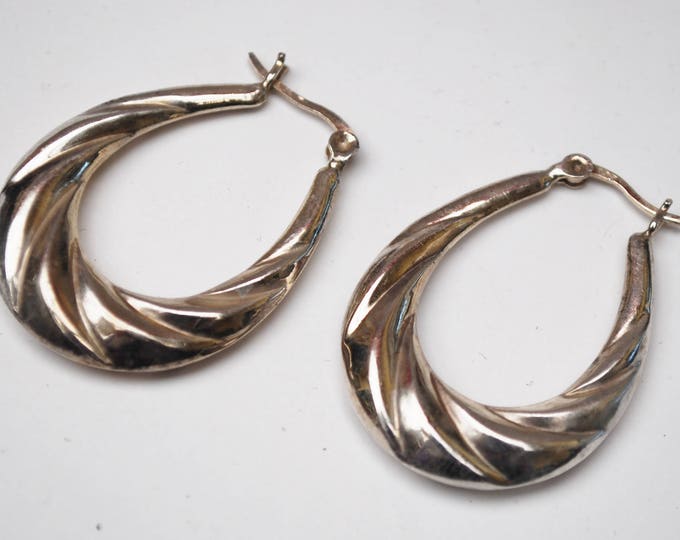 Large Sterling Hoop Earrings - puffy hallow sliver hoops - Modernistic design - twisted ribbed -style Signed 925 - pierced earrings