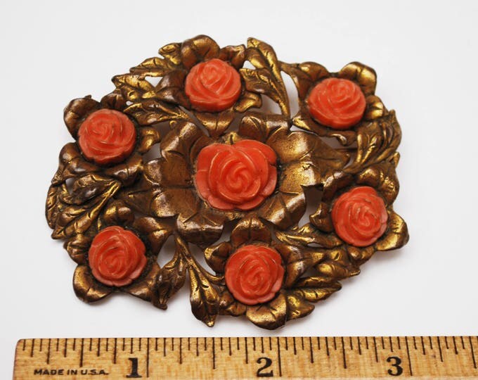 Large Coral celluloid flower Brooch - Golden Brass - leaf Floral - Art Nouveau Pin