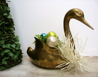 Vintage Brass Swan Planter Large Size Mid Century Modern Bird Figure Statue Air Plant Holder