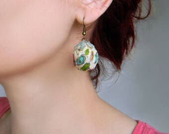 Hand painted fabric earrings in pink and turquoise Geometric dangle earrings Funky earrings Quirky contemporary earrings Mesh fabric jewelry