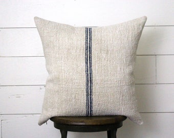 Authentic French Grain Sack Pillow . Antique European Grainsack Pillow . Farmhouse . Rustic Cottage . Blue White Ticking. Fixer Upper Decor