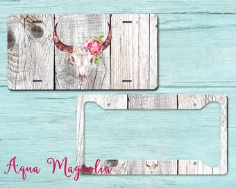 Bull Horns, Boho, Flowers, Skull - License Plate Frame - License Plate Set - Car Accessory - License Plate - Car Tag