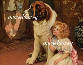 Hide and Go Seek Art Print, Little Girl and St. Benard Dog Art #415